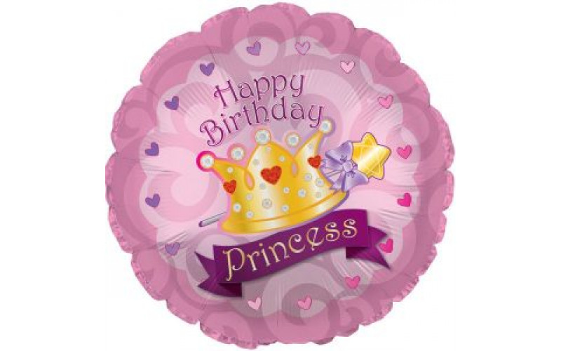 Шар (46 см) Круг, С Днем рождения (корона принцессы), Розовый.