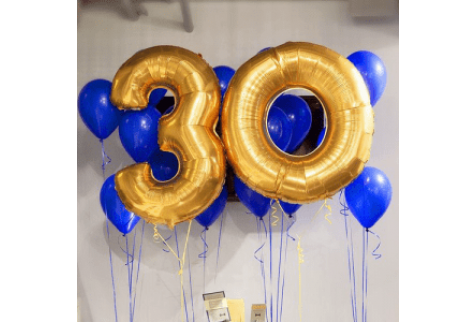 Набор воздушных шаров "30 лет золотые цифры и синие шары"