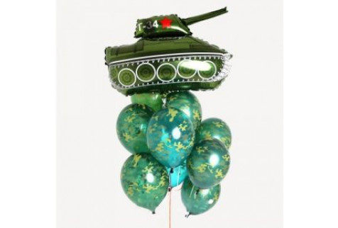 Фонтан из шаров с гелием милитари с зеленым танком, 1 шт.