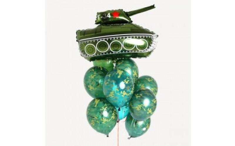 Фонтан из шаров с гелием милитари с зеленым танком, 1 шт.