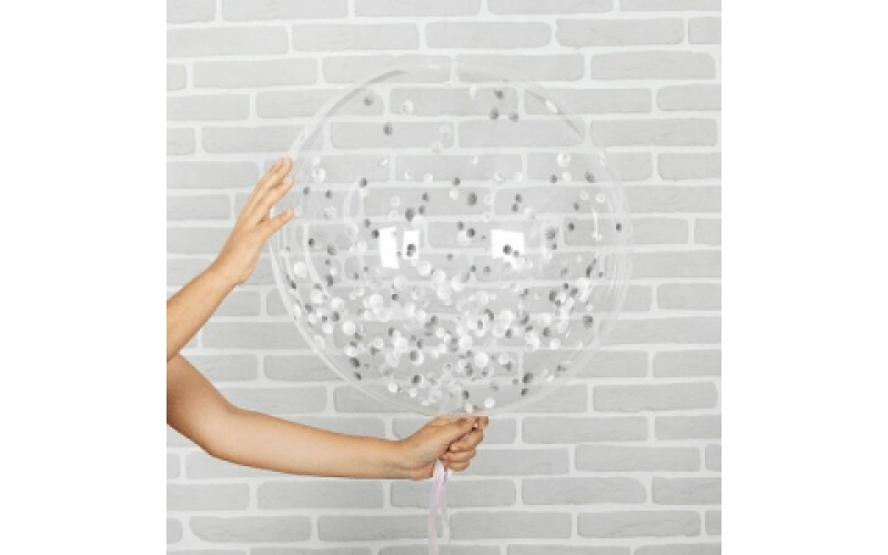 Шар прозрачный (61 см.) Bubble с белым и серебряным конфетти. 1 шт.