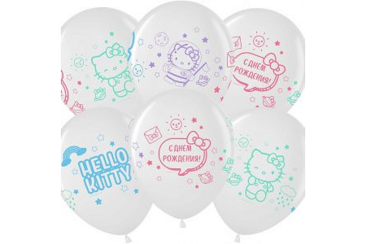 Шар (30 см.) Hello Kitty, С Днем Рождения!, Белый (200)/Прозрачный (600), кристалл, 1 шт.