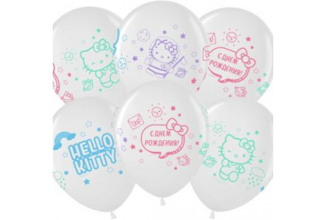 Шар (30 см.) Hello Kitty, С Днем Рождения!, Белый (200)/Прозрачный (600), кристалл, 1 шт.