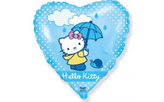 Шар (46 см.) Сердце, Hello Kitty, Котенок с зонтиком, Голубой, 1 шт.