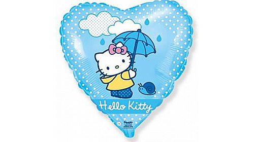 Шар (46 см.) Сердце, Hello Kitty, Котенок с зонтиком, Голубой, 1 шт.