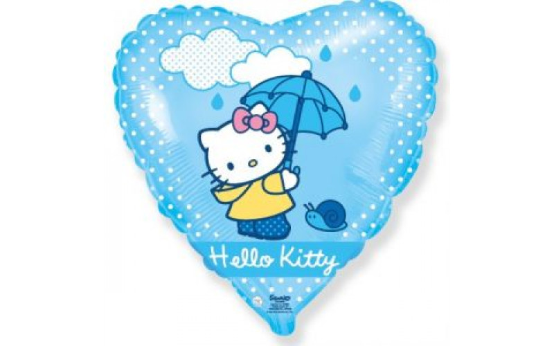 Шар (46 см.) Сердце, Hello Kitty, Котенок с зонтиком, Голубой, 1 шт.