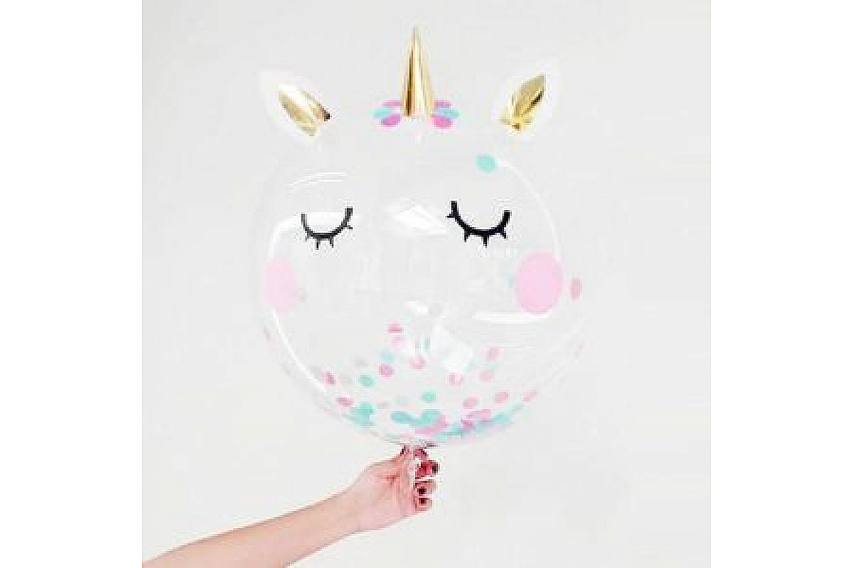 Шар прозрачный (61 см.) Bubble с конфетти, Единорог. 1 шт.