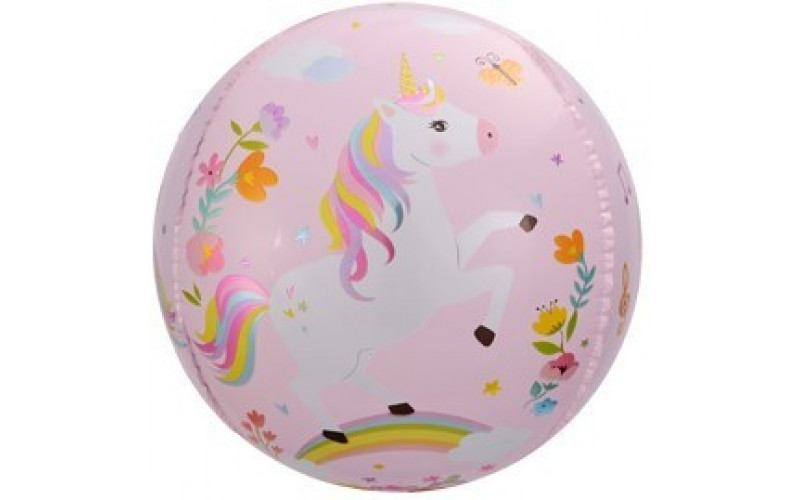 Шар (61 см.) Сфера 3D, С Днем Рождения (волшебные единороги), Розовый, 1 шт.