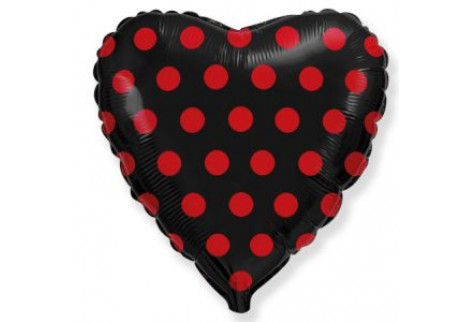 Фольгированный шар сердце (46 см.)”Горошек красный на черном" 1 шт.