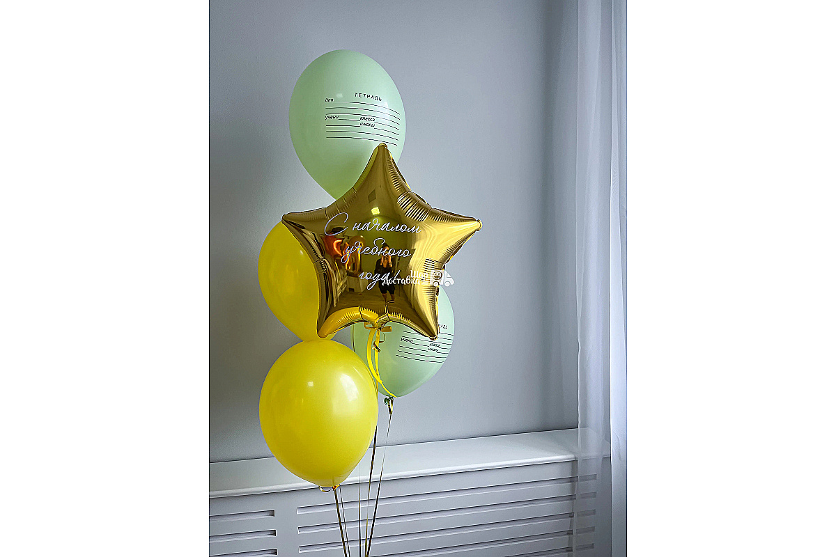 Фонтан из шаров с принтом тетрадей на 1 Сентября