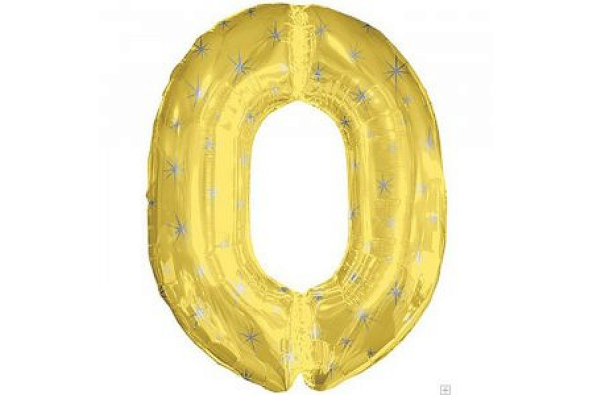 Шар (40''/102 см) Цифра, 0, Золотой в звездочку, 1 шт.