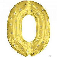 Шар (40''/102 см) Цифра, 0, Золотой в звездочку, 1 шт.