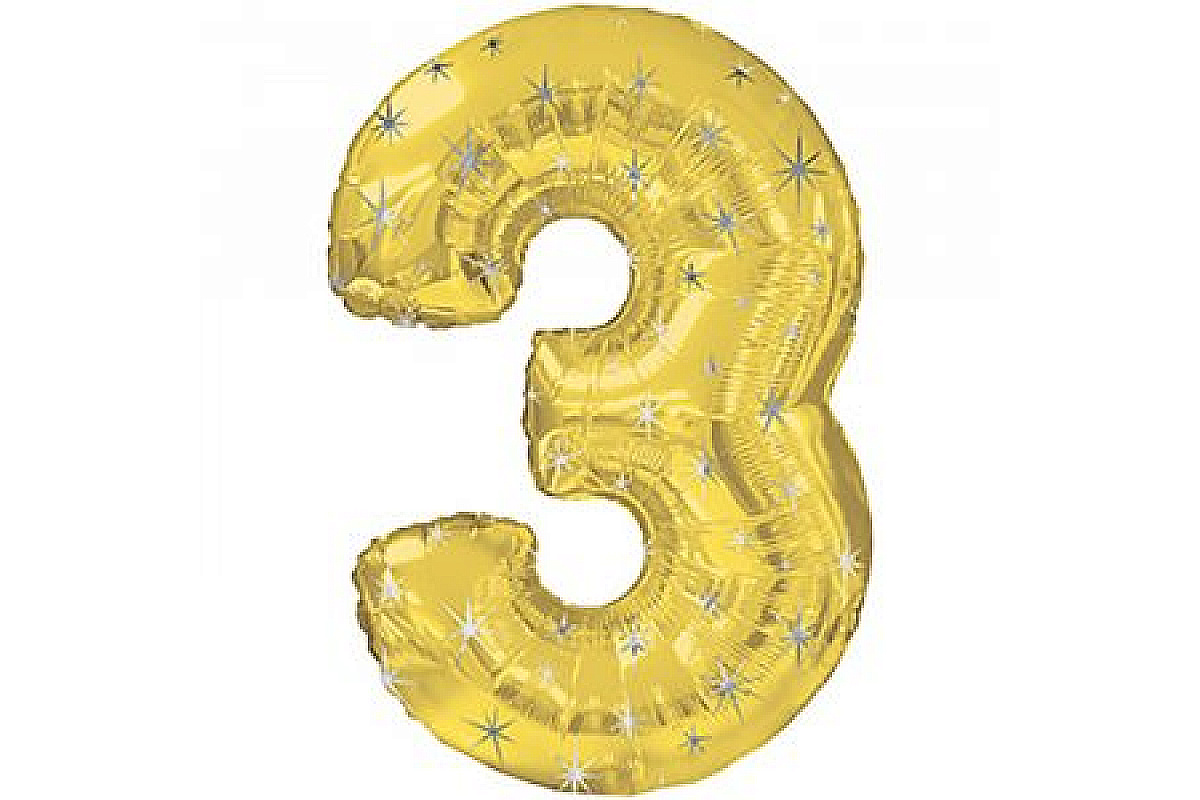 Шар (40''/102 см) Цифра, 3, Золотой в звездочку, 1 шт.