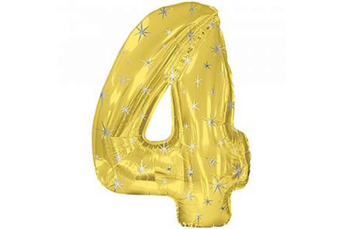 Шар (40''/102 см) Цифра, 4, Золотой в звездочку, 1 шт.