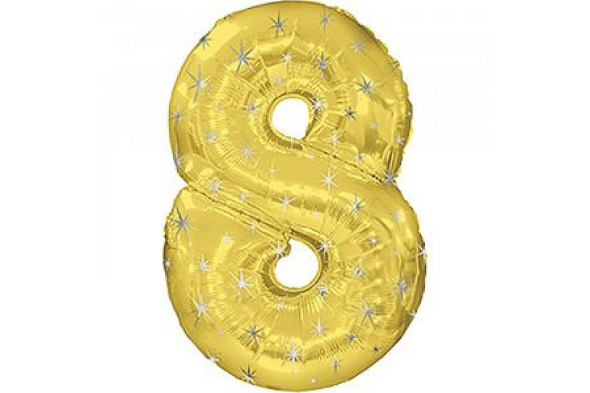 Шар (40''/102 см) Цифра, 8, Золотой в звездочку, 1 шт.