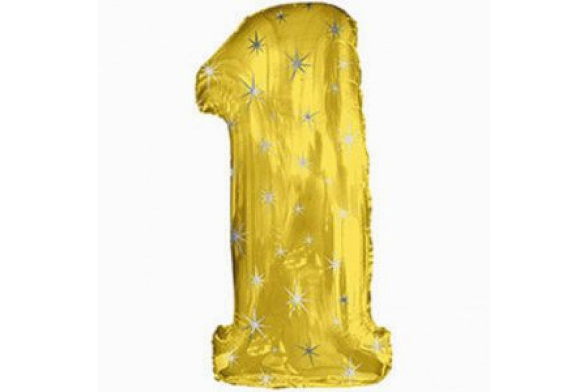 Шар (40''/102 см) Цифра, 1, Золотой в звездочку, 1 шт.