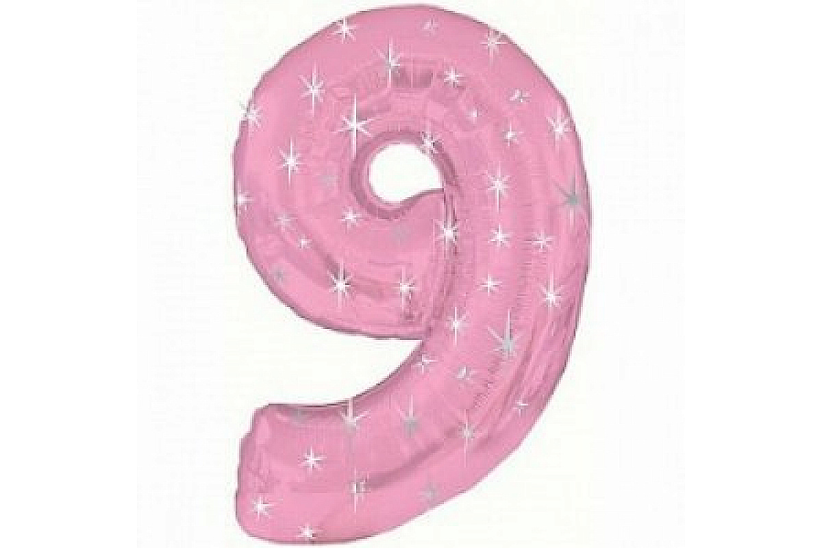 Шар (40''/102 см) Цифра, 9, Розовый в Звездочку, 1 шт.