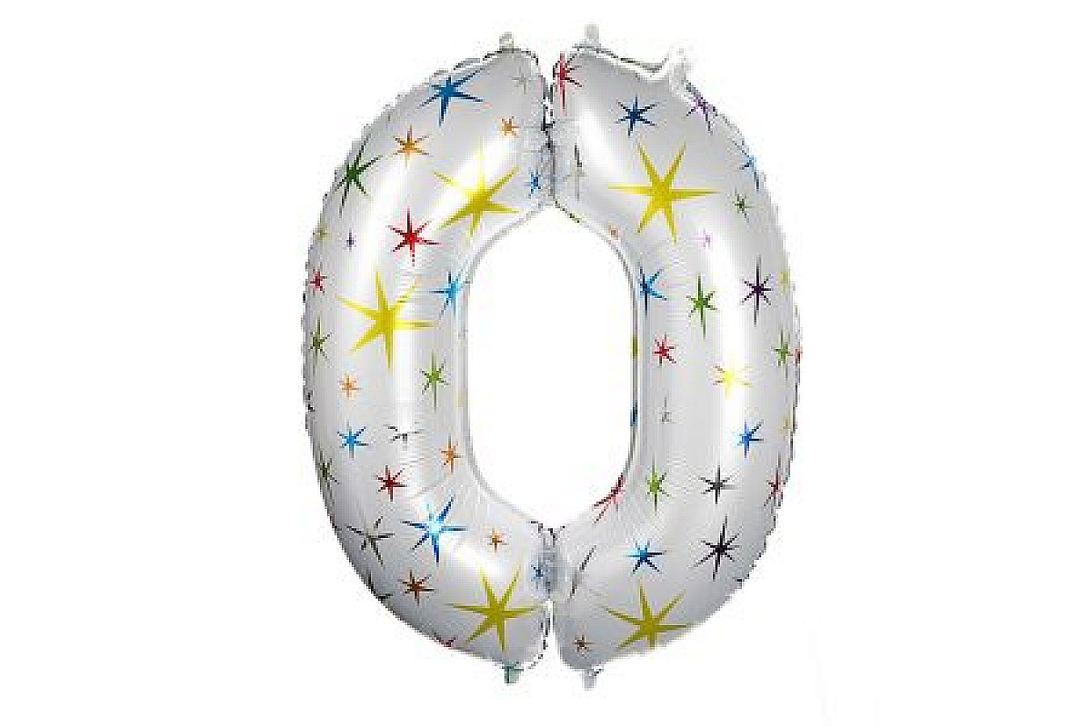Шар (40''/102 см) Цифра, 0, Белый в цветную звездочку, 1 шт.