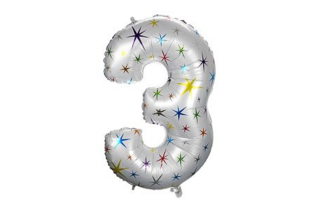 Шар (40''/102 см) Цифра, 3, Белый в цветную звездочку, 1 шт.