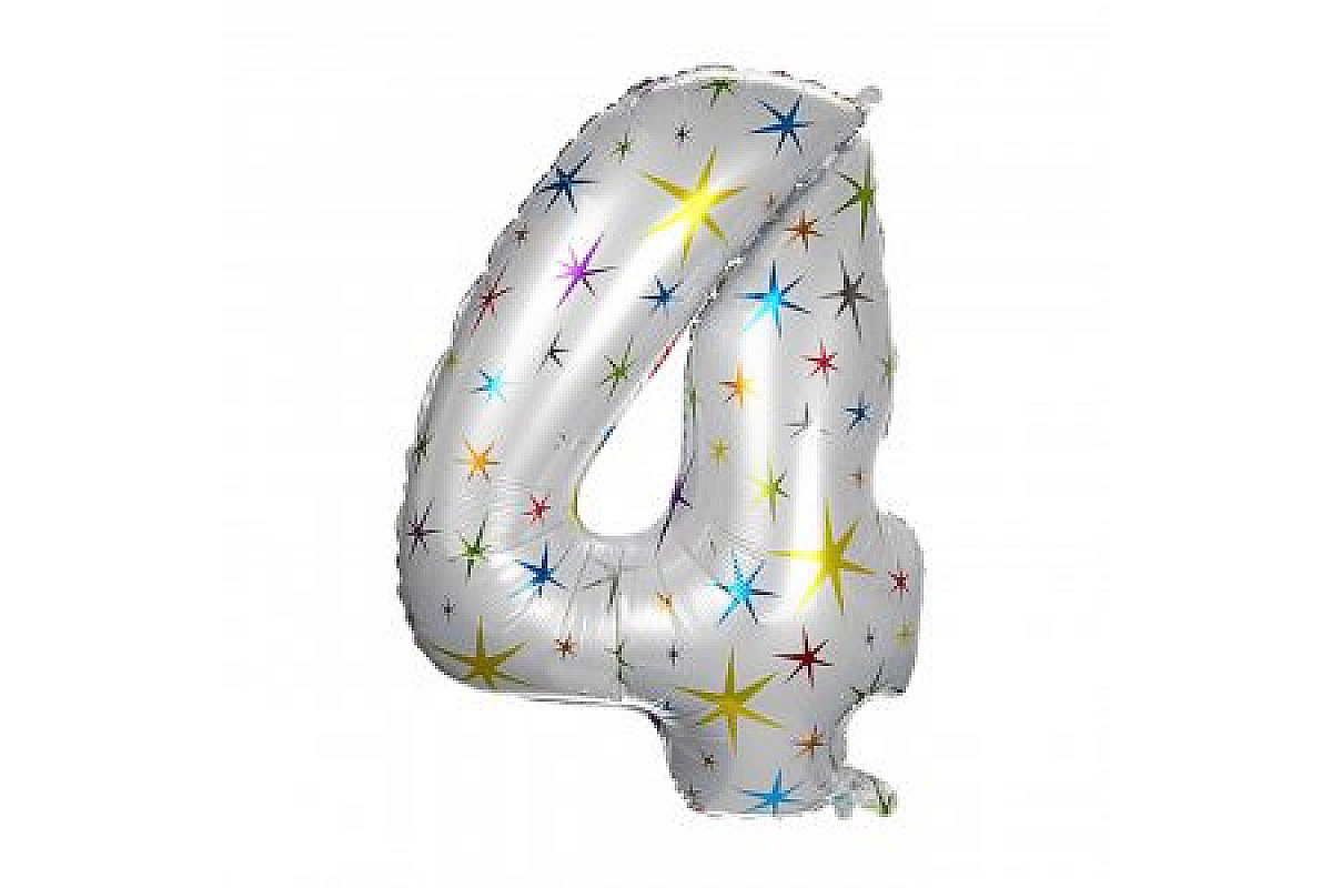 Шар (40''/102 см) Цифра, 4, Белый в цветную звездочку, 1 шт.