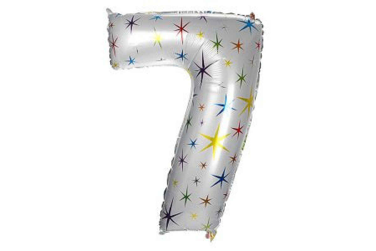 Шар (40''/102 см) Цифра, 7, Белый в цветную звездочку, 1 шт.