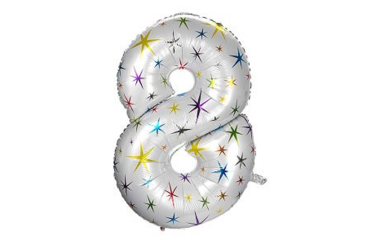 Шар (40''/102 см) Цифра, 8, Белый в цветную звездочку, 1 шт.