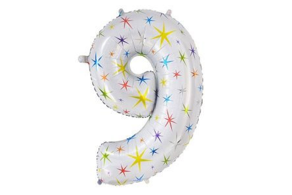 Шар (40''/102 см) Цифра, 9, Белый в цветную звездочку, 1 шт.