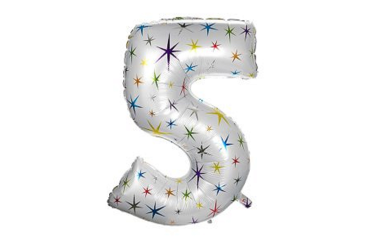 Шар (40''/102 см) Цифра, 5, Белый в цветную звездочку, 1 шт.
