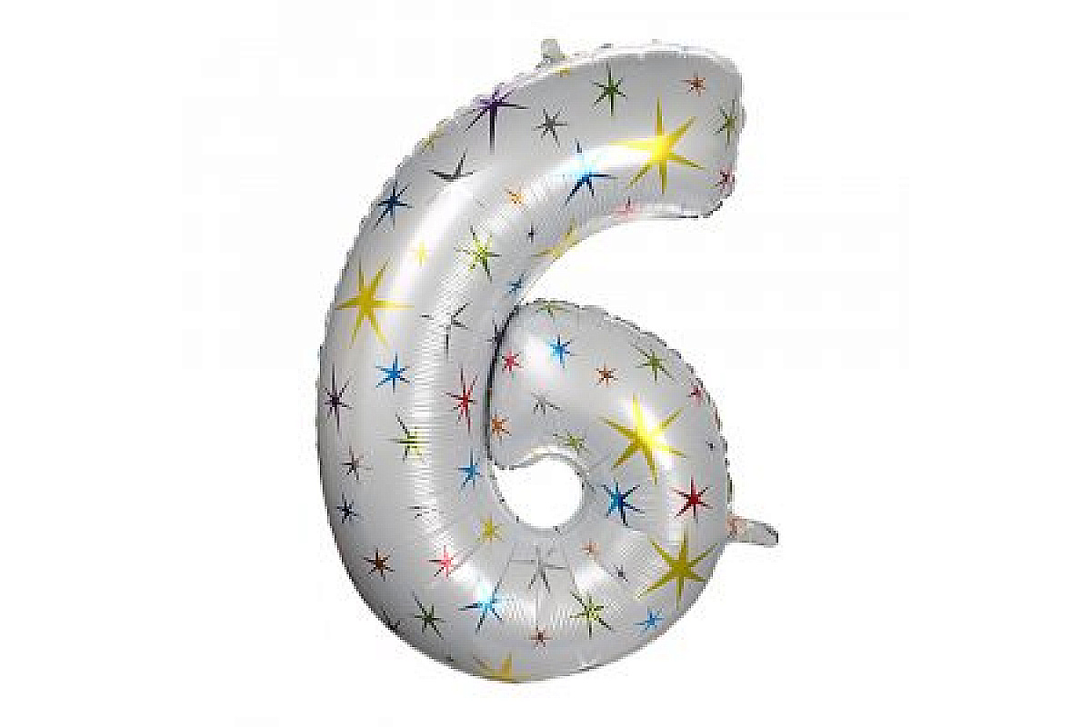 Шар (40''/102 см) Цифра, 6, Белый в цветную звездочку, 1 шт.