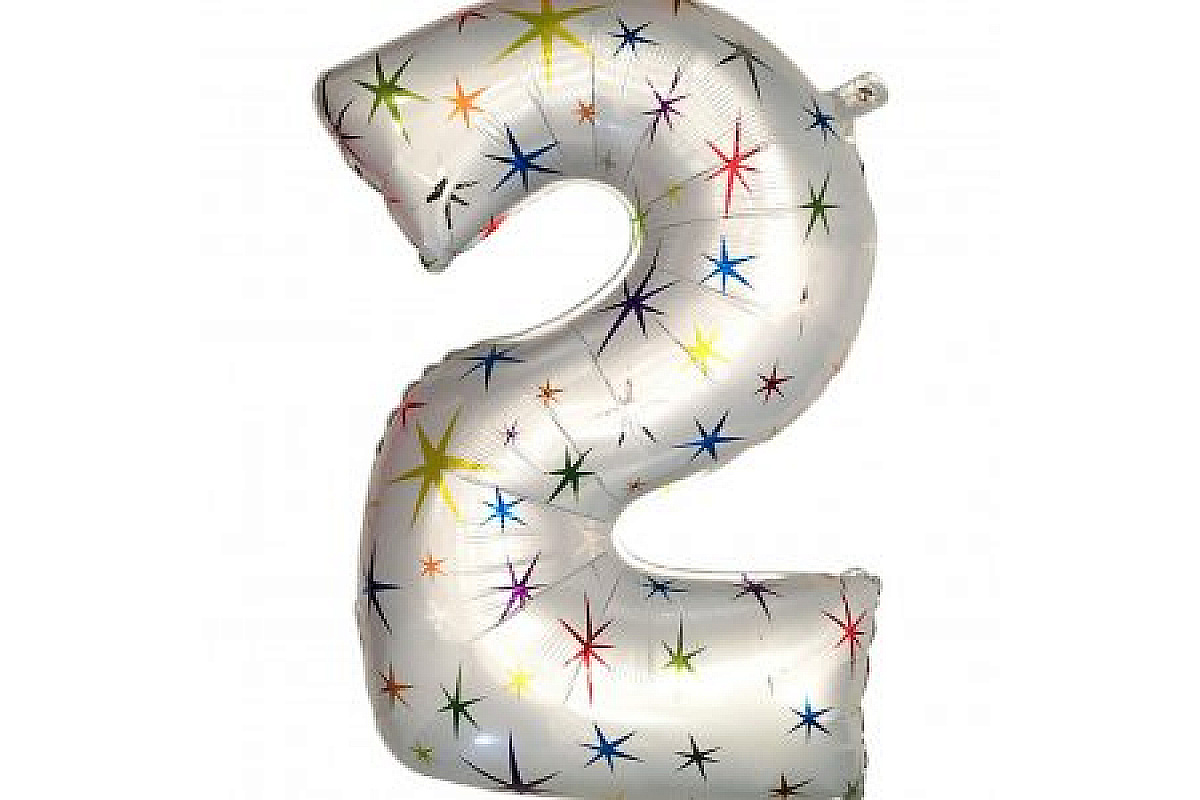 Шар (40''/102 см) Цифра, 2, Белый в цветную звездочку, 1 шт.