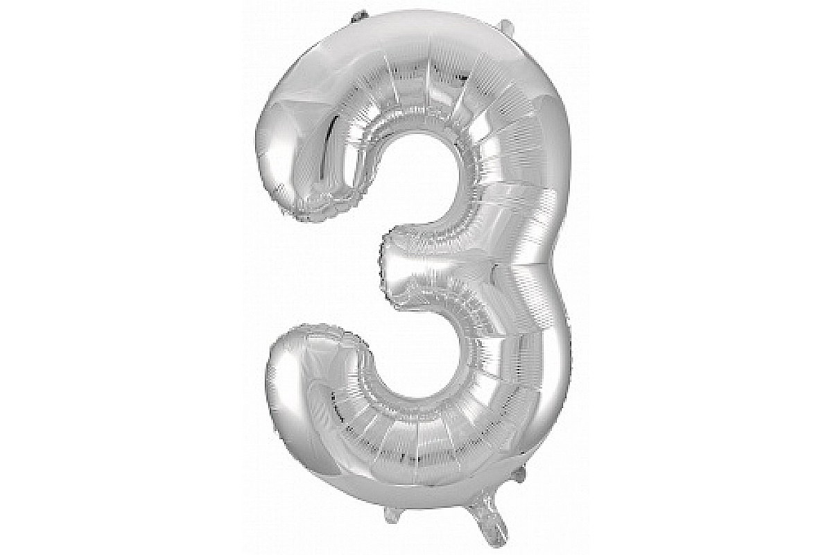 Шар (40''/102 см) Цифра, 3, Серебро, 1 шт.