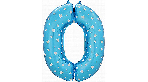 Шар (40''/102 см) Цифра, 0, Голубой в Звездочку, 1 шт.