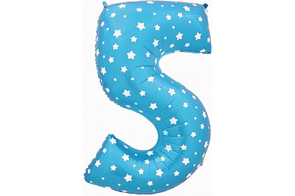 Шар (40''/102 см) Цифра, 5, Голубой в Звездочку, 1 шт.