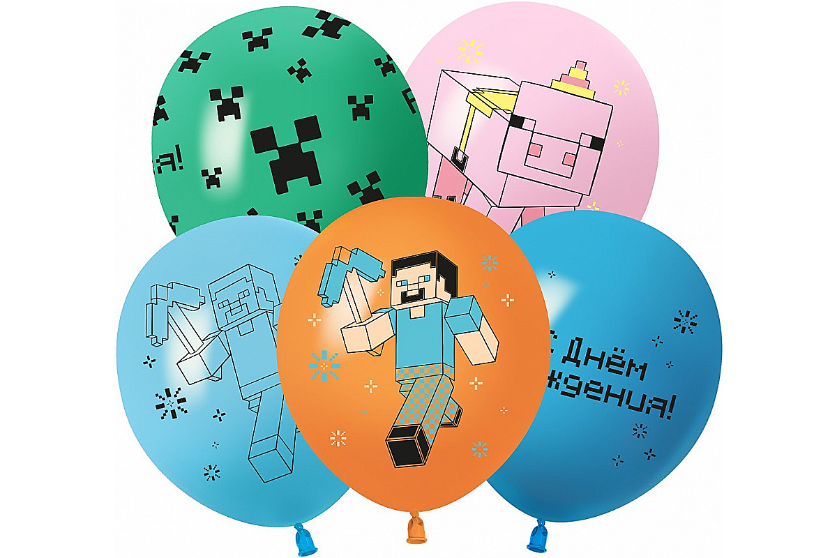 Шар (12''/30 см) С Днем Рождения! Пиксельный Герой, Ассорти, пастель, 2 ст, 1 шт.