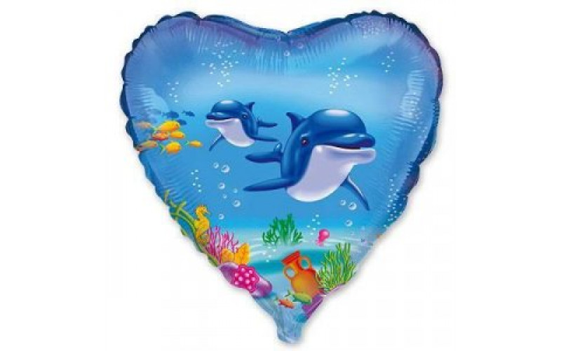 Фольгированный шар фигура сердце (45 см.)”Дельфины” 1 шт.