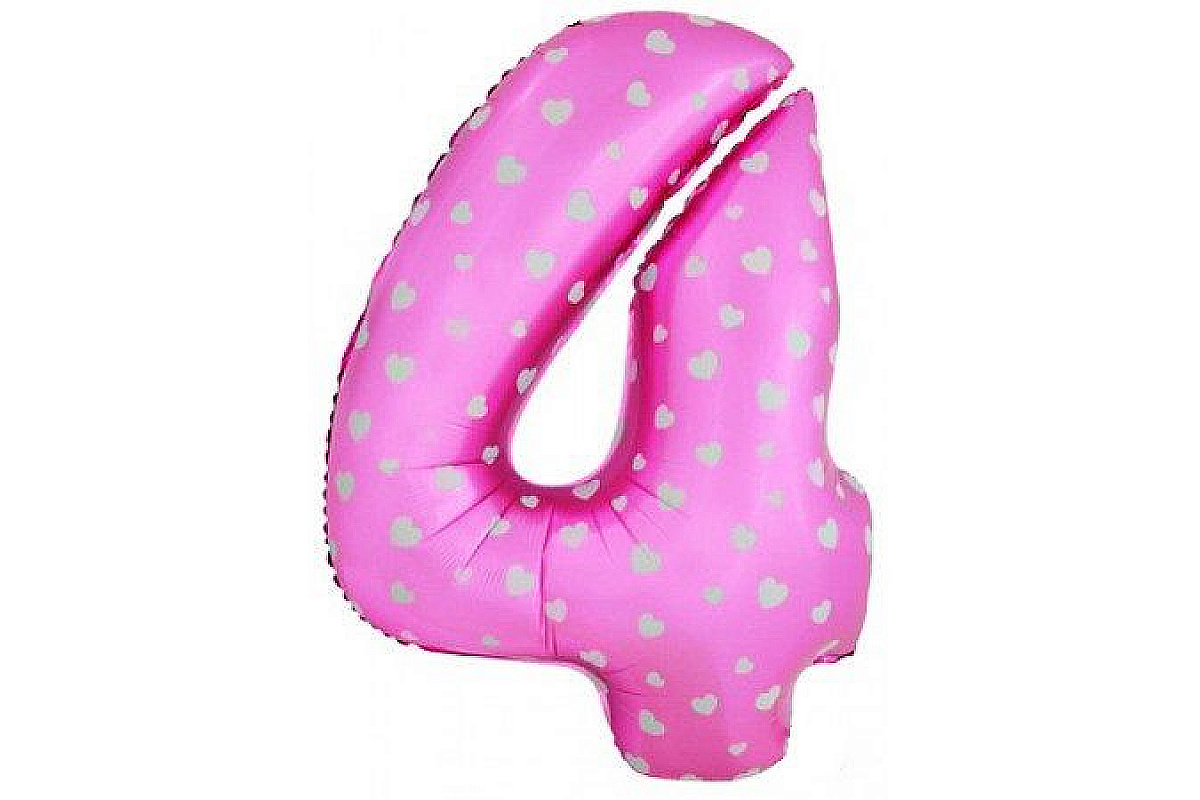 Шар (40''/102 см) Цифра, 4, Розовые сердечки, 1 шт.