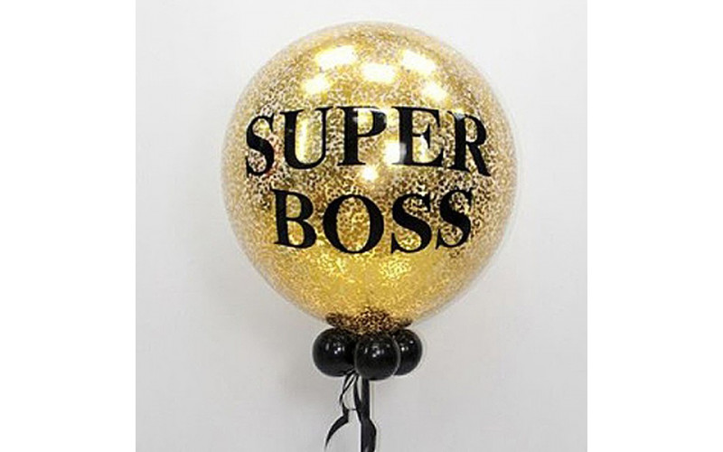 Шар (90 см.) с индивидуальной надписью и золотым конфетти "Super Boss", 1 шт.