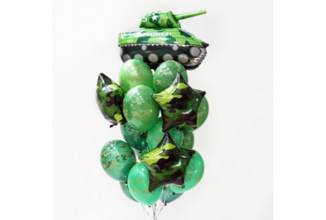 Фонтан из шаров с гелием камуфляж с зеленым танком и звездами, 1 шт.