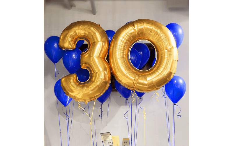 Набор воздушных шаров "30 лет золотые цифры и синие шары"