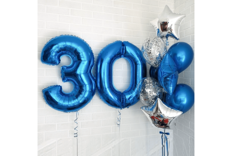 Набор воздушных шаров "Цифры 30 синие и фонтан из шаров"