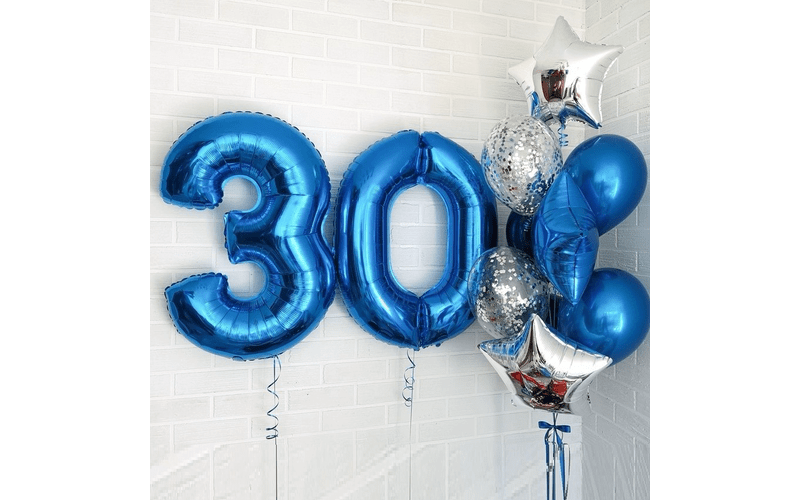 Набор воздушных шаров "Цифры 30 синие и фонтан из шаров"