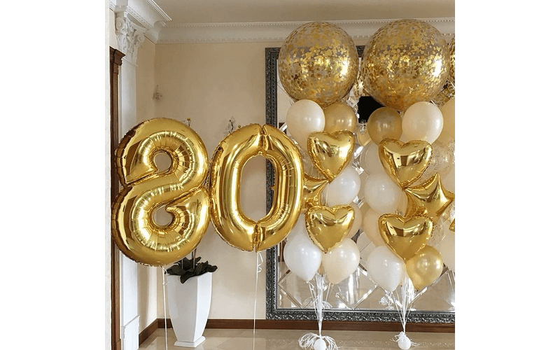 Набор воздушных шаров "Цифры 80 золотые и 2 фонтана из шаров"