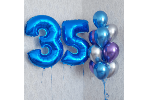Набор воздушных шаров "Цифры 35 синие и букет шаров хром"