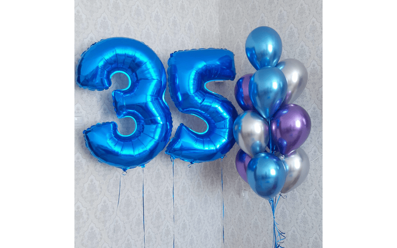 Набор воздушных шаров "Цифры 35 синие и букет шаров хром"