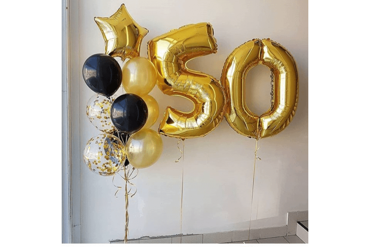 Набор воздушных шаров "Цифры 50 золотые и фонтан со звездой"