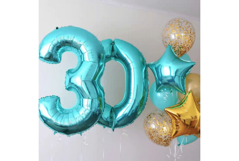 Набор воздушных шаров "Цифры 30 бирюзовые и фонтан из шаров"