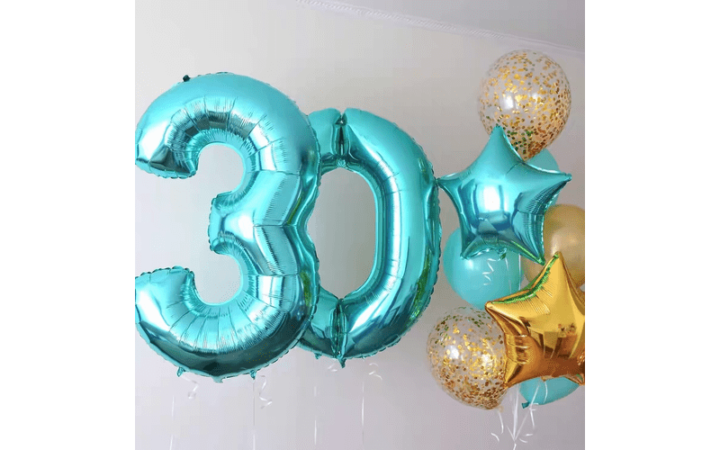 Набор воздушных шаров "Цифры 30 бирюзовые и фонтан из шаров"