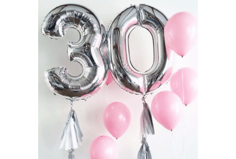 Набор воздушных шаров "Цифры 30 серебро и розовые шарики на отдельных грузах"