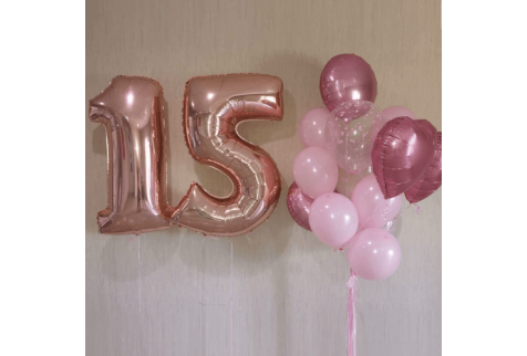 Набор воздушных шаров "Цифры 15 розовое золото и фонтан из шаров"