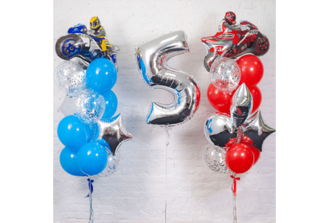 Набор воздушных шаров "Цифра 5 серебро и 2 фонтана с мотоциклами"